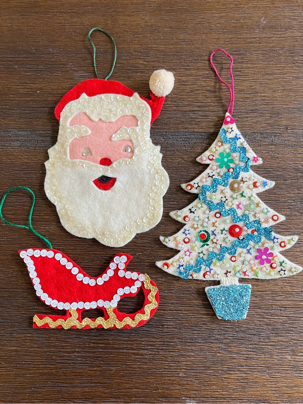 Set of 3 | Vintage l Felt Sequin Christmas Ornaments | Santa | Tree | Sleigh